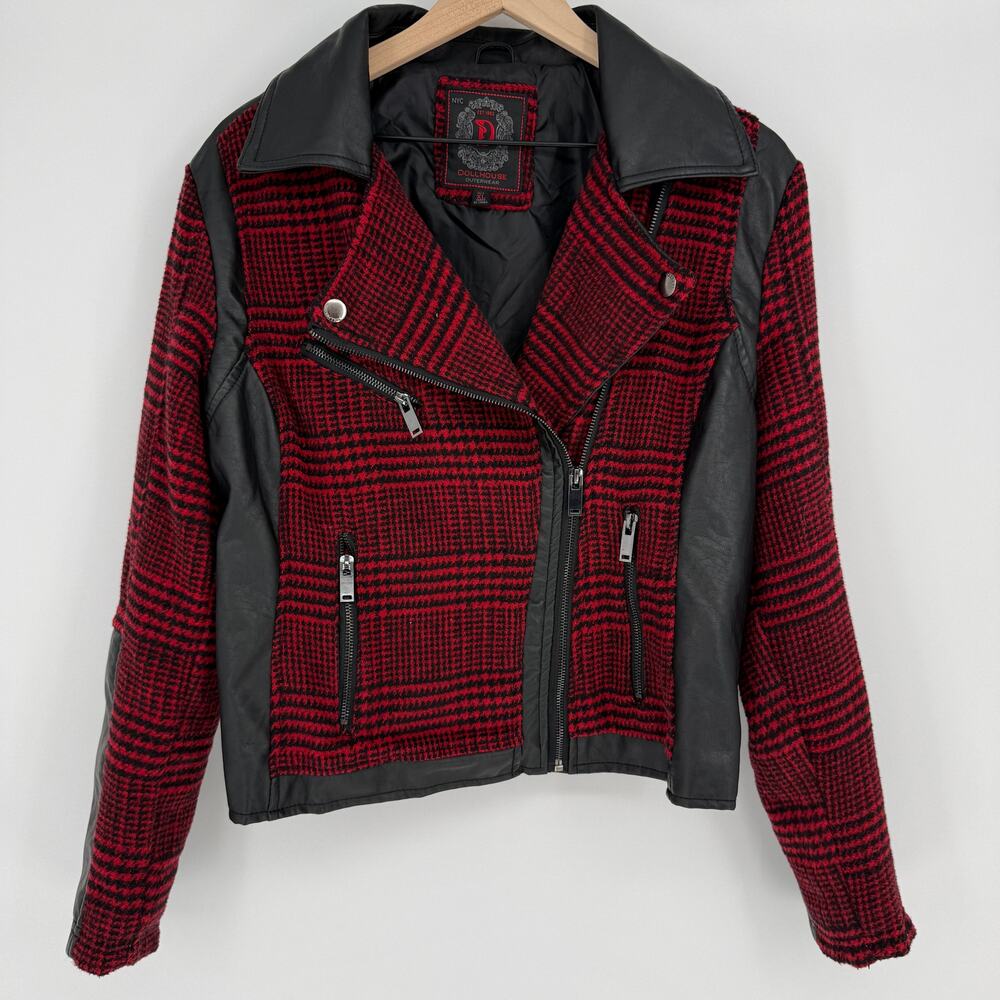 Dollhouse Red & Black Plaid Moto Jacket Faux Leather Trim Zip | Size XL
